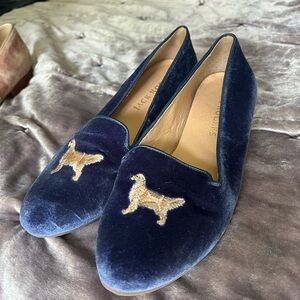 Navy Velvet Loafers with Dog Embroidery